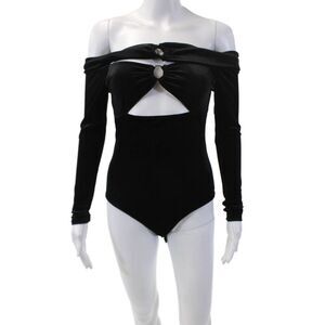 Glamourous Womens Velvet Long Sleeve Off the Shoulder Bodysuit Black Size XS